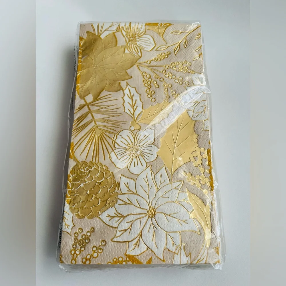 New Punch Studio Guest Towels Napkins Gold Foil White Flowers Leaves 8